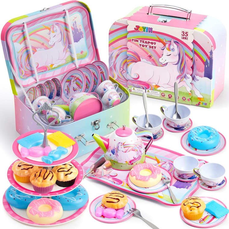 SUPER VALUE PACK. Our pretty unicorn tea set includes 1 teapot, 4 cups, 4 medium-sized plates, 4 small-sized plates, 1 big plate, and a unicorn cardboard case, a 2 spoons, 2 forks, a 3 tiered cake stand, 1 pastry server, 5 cupcakes, 4 sweet buns, 4 candies.
REAL FUNCTION. This adorable toy tin set is designed for role play, encouraging children to use their imagination and improve their creativity and social skills. The tea set is decorated with a magical unicorn , rainbow, and other delightful castle. Sure to delight and inspire your little tiny unicorns.
ENDLESS FUN. The unicorn party tea set is easy to be stored and transported. The material used is super durable that will last through years of indoor and outdoor tea party fun. Perfect for toy storage, room décor, birthday gifts, and other unicorn themed occasion.