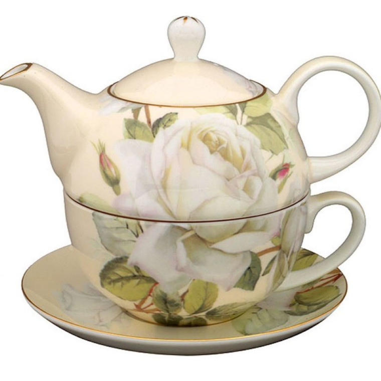 4 Piece Includes Teapot Stacked with Cup Saucer. Made of Porcelain. Full Covered with Cream Background No gold trimmed