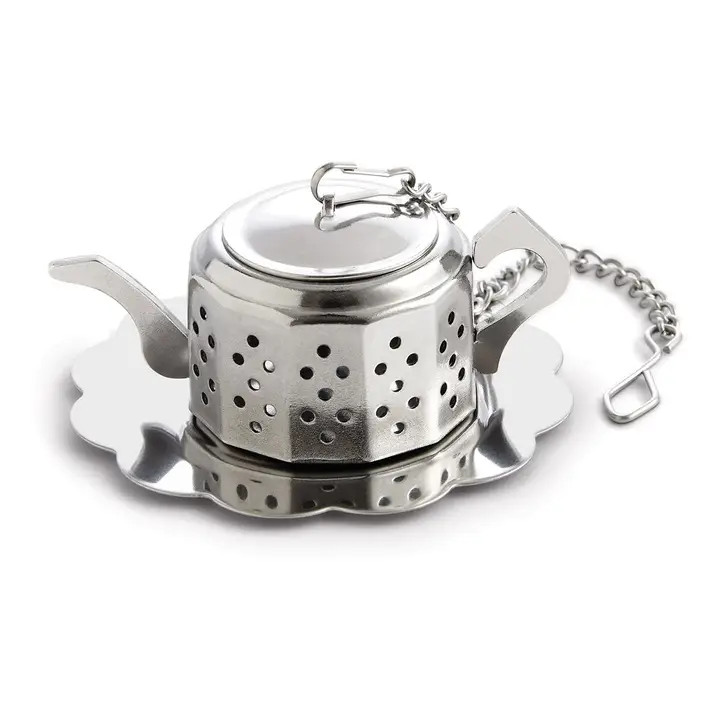 Kitchen's Teapot-Shaped Tea Infuser with drip tray makes it quick and easy to steep a fresh, more distinct and flavorful cup of loose leaf tea with the same ease and convenience as using store-bought tea bags.
• Simply open the mesh infuser.
• Fill it halfway (about 2-teaspoons) with loose tea to allow the tea leaves room to fully expand.
• Hook onto the cup with Infuser inside and pour in hot water.
• Steep no less than 3 minutes to release the naturally occurring essential oils in tea and maximize the infusion with aroma and flavor.
• Once desired brew strength is achieved, lift out the Infuser from the cup and rest it on the drip tray.
• Once cooled, open and discard the used tea leaves.

Weight: 0.8 oz (22.68 g)

Dimensions: 2.3 x 2.3 in (5.7 x 5.7 cm)