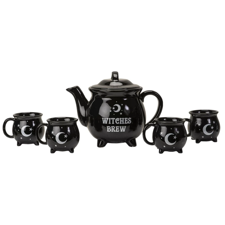 Witches Brew Black Teapot Set Teapot with 4 Mugs Product Size: 10.25" X 6.50" X 7.50" Capacity: 8 Fl oz Mug, Teapot 15.6 Fl oz Material: New Bone China Case Pack: 4