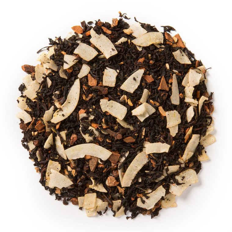 Coconut Chai (Loose Leaf) combines robust spices and coconut essence with a base of malty Assam black tea. Ingredients: Organic black tea, organic dried coconut, organic cinnamon, organic ginger, organic cloves and natural flavor.Taste: Well-rounded, spicy black tea brew with creamy coconut undertones. Origin: Sourced from family tea gardens in the Darjeeling and Assam regions of India's Banaspaty Tea Estate.