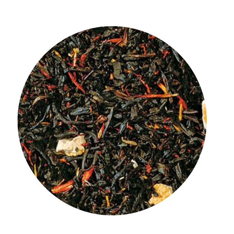 Blood Orange Black Tea (Loose Leaf): This mild China-Ceylon black tea blend will remind you of the colorful Caribbean thanks to the light-yellow orange peel and orange-red blazing safflower. 

Ingredients: Black tea (92 %), orange peel, natural blood orange flavoring, safflower

Taste: This tea creation has been ennobled by the natural flavor of a sweet, firm, fresh and tangy fruit from Italy. The typical red color of the firm flesh of sun-ripened blood oranges, which results from frosty nights shortly before harvesting, is the first thought that enters your mind with the first sip. The second thought is a warm summer evening in the South. There are no limits to your imagination while enjoying with this refreshing, tangy, fruity drink.