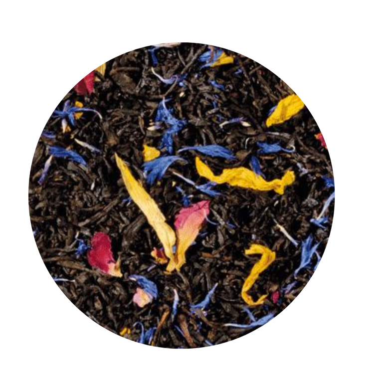 South Sea Magic/Mango Black Tea (Loose Leaf): The South Sea - home of many exotic, shiny fruits and scents. This extraordinary composition captures the magic of the faraway, dreamlike, sunny places of this world, which are the origin of our dreams. 

Ingredients: black tea, exotic fruit natural flavors of mango, passionfruit & papaya, rose petals, sunflower blossoms, cornflower blossoms 

Taste: The blazing colors of the added blossoms remind you of the colorful South, and the taste of refreshing mango, passionfruit and papaya is like a trip from our hectic day into warmer places. An irresistible taste experience.