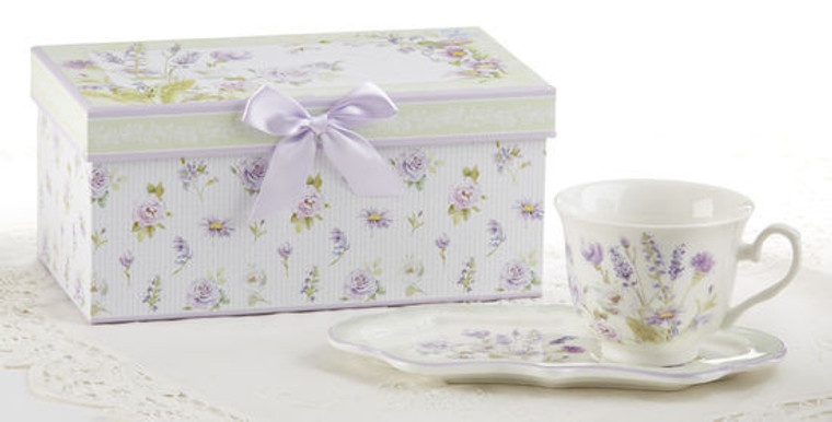 Lavender Rose Tea and Toast Set in gift box:  Enjoy your morning breakfast or afternoon tea and snack on this pretty set.  A pleasant way to create a moment of indulgence. Add one of our specialty loose leaf teas and cuddle up with a good book, sounds invigting to whisk your cares away. Meant for everyday use.  Comes in its own matching print gift box with matching satin ribbon. Great Gift Idea: New Mommy, Birthday, get well, thank you.    Includes:  4.2" x 9"  tray Porcelain Teacup Soft white background with a floral print  Dishwasher safe  Other Items Available:  Tea choices available to add to your order in the loose-leaf shop  Teas and Teaware are shipped together, Cornucopia Teas come in resealable pouches with decorative tea labels, and includes a recipe and brewing guide. If purchasing as a gift your personal message is included on the pamphlet.