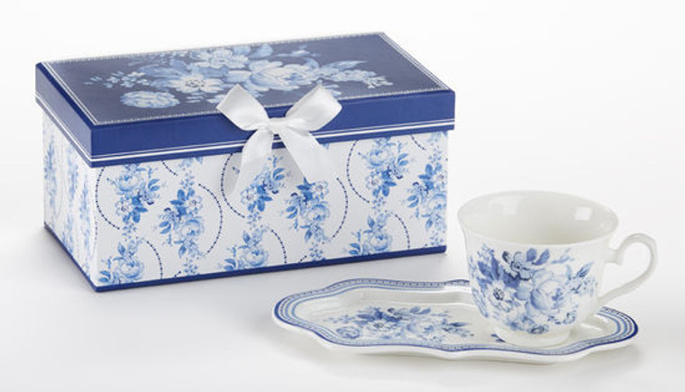 English Blue Tea and Toast Set in gift box:  Enjoy your morning breakfast or afternoon tea and snack on this pretty set.  A pleasant way to create a moment of indulgence. Add one of our specialty loose leaf teas and cuddle up with a good book, sounds invigting to whisk your cares away. Meant for everyday use.  Comes in its own matching print gift box with matching satin ribbon. Great Gift Idea: New Mommy, Birthday, get well, thank you.    Includes:  4.2" x 9"  tray Porcelain Teacup Soft white background with a floral print  Dishwasher safe  Other Items Available:  Tea choices available to add to your order in the loose-leaf shop  Teas and Teaware are shipped together, Cornucopia Teas come in resealable pouches with decorative tea labels, and includes a recipe and brewing guide. If purchasing as a gift your personal message is included on the pamphlet.