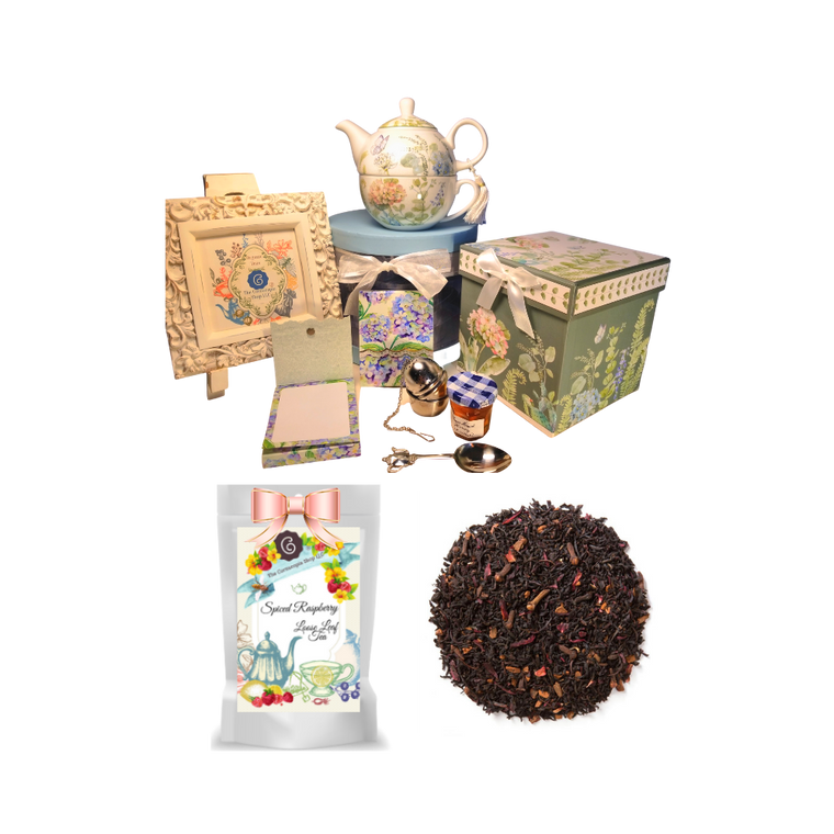 Tea for one set-Blue Hydrangea, will brighten anyone's day with this beautiful tea for one gift set in its own matching print gift box with matching satin ribbon. A decorative tassel on the handle adds a lovely finishing touch. Cornucopia's Loose-Leaf Tea, 1 oz honey, Tea Filter, embossed stationary purse pad in a coordinated colors and pattern. Gifting Idea: birthday gift, bridal shower, get well, thank you or treat yourself. Holds enough for a refill without leaving your comfy spot, desk or sip for an evening nightcap.   Gift Set Includes: •	5.8" Tea for One Set in gift box, stacked teapot and oversized teacup, soft white background with a blue Hydrangea floral print, dishwasher safe. •	1 oz of Loose-Leaf Cornucopia Tea. 7T6355 Black Tea Spiced Raspberry  o	Cornucopia Teas come in resealable pouches with decorative tea labels as shown in the image, along with a brewing guide. •	1 oz Bonne Maman honey, •	Embossed Purse Pad, pad is 3 inches x 4 inches and has 100 coordinating patterned pages and a magnetic closure •	 o	Teapot design tea measuring spoon, holds enough for one cup of brewed tea o	Tea Egg stainless steel Tea Filter with drip catcher by Cha Cult (Germany)  Gift comes in its decorative box as the gift basket container, shrink wrapped and decorative coordinating bow. Gift cards come with a 10% discount on their first purchase of tea, and your personal message. Card is tucked inside the shipping box with the gift.