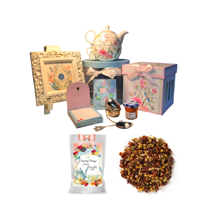 Tea for One Gift Set- Feather & Floral, will brighten anyone's day with this beautiful tea for one gift set in its own matching print gift box with matching satin ribbon. A decorative tassel on the handle adds a lovely finishing touch. Cornucopia's Loose-Leaf Tea, 1 oz honey, Tea Filter, embossed stationary purse pad in a coordinated colors and pattern. Gifting Idea: birthday gift, bridal shower, get well, thank you or treat yourself. Holds enough for a refill without leaving your comfy spot, desk or sip for an evening nightcap.   Gift Set Includes: •	5.8" Tea for One Set in gift box, stacked teapot and oversized teacup, soft white background with a feather and floral print, dishwasher safe. •	1 oz of Loose-Leaf Cornucopia Tea. 7T6359 Herbal Cranberry Orange combines cranberry essence with a unique base of chamomile flowers and orange peel.  o	Cornucopia Teas come in resealable pouches with decorative tea labels as shown in the image, along with a brewing guide. •	1 oz Bonne Maman honey, •	Embossed Purse Pad.  Each pad is 3 inches x 4 inches and has 100 coordinating patterned pages and a magnetic closure •	Teapot design tea measuring spoon, holds enough for one cup of brewed tea •	Tea Egg stainless steel Tea Filter with drip catcher by Cha Cult (Germany)