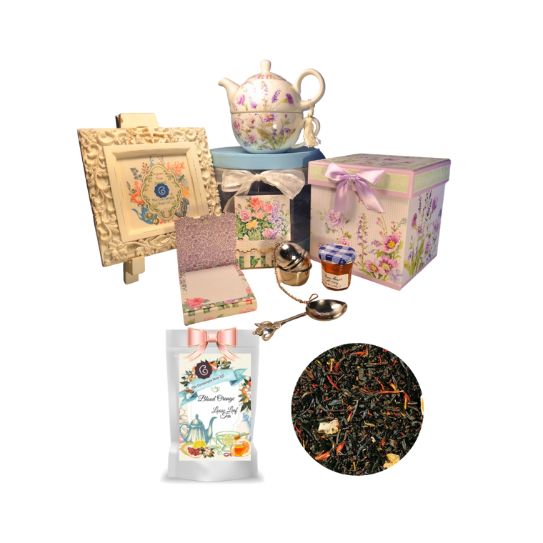 Tea for One Gift Set- Lavender Rose, will brighten anyone's day with this beautiful tea for one gift set in its own matching print gift box with matching satin ribbon. A decorative tassel on the handle adds a lovely finishing touch. Cornucopia's Loose-Leaf Tea, 1 oz honey, Tea Filter, embossed stationary purse pad in a coordinated colors and pattern. Gifting Idea: birthday gift, bridal shower, get well, thank you or treat yourself. Holds enough for a refill without leaving your comfy spot, desk or sip for an evening nightcap.   Gift Set Includes: •	5.8" Tea for One Set in gift box, stacked teapot and oversized teacup, soft white background with a lavender and rose floral print, dishwasher safe. •	1 oz of Loose-Leaf Cornucopia Tea. 8T22538 Blood Orange Black tea (92 %), orange peel, natural blood orange flavoring, safflower  o	Cornucopia Teas come in resealable pouches with decorative tea labels as shown in the image, along with a recipe and brewing guide. •	1 oz Bonne Maman honey, •	Embossed Purse Pad Each, pad is 3 inches x 4 inches and has 100 coordinating patterned pages and a magnetic closure •	Teapot design Tea spoon •	Tea Egg stainless steel Tea Filter with drip catcher by Cha Cult (Germany)  Teas and Tea ware are shipped together. If purchasing as a gift your personal message is included on the pamphlet.