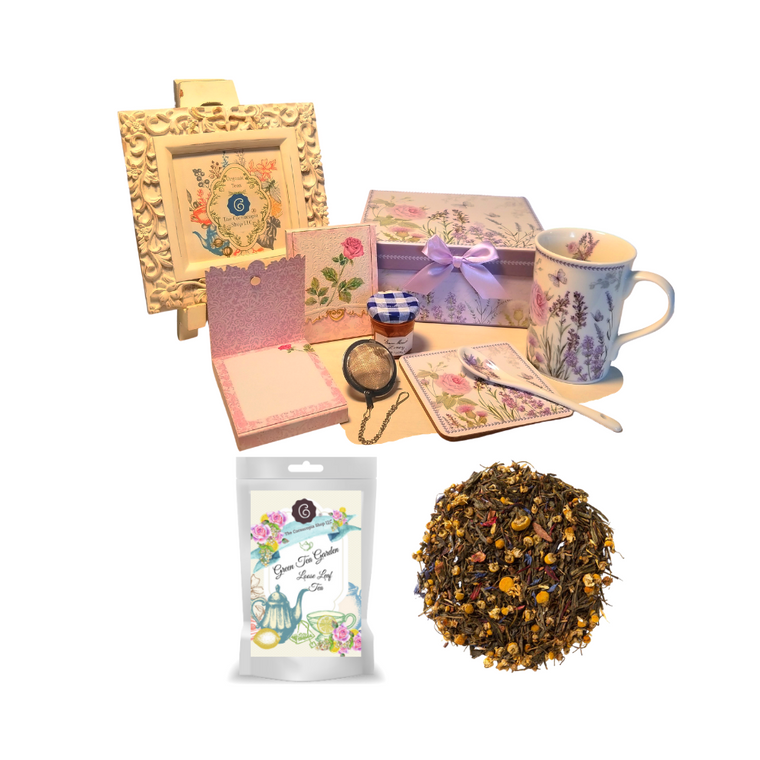 Tea for Me Gift Set- Lavender Rose will brighten anyone's day in its own matching print gift box with matching satin ribbon. A decorative tassel on the handle adds a lovely finishing touch. The matching coaster is perfect for any spot you leave your cup and the porcelain teaspoon makes tea time all the more special, small tea ball, Cornucopia’s Loose Leaf Tea, Bonne Maman Honey and stationary Purse Memo Pad complete this gift set. Gifting Idea: birthday gift, bridal shower, get well, office gift, or thank you.   Gift Includes: •	4.9” Porcelain Mug in gift box, matching Coaster, Teaspoon, Soft white background with a lavender floral print, dishwasher safe. •	1 oz of Loose-Leaf Cornucopia Tea 7T6414 Green Tea Garden: combines cinnamon and chamomile with a base of delicate green tea. Ingredients: Organic sencha, organic chamomile, organic cinnamon, organic hibiscus, natural flavor, organic calendula flowers, and organic corn flowers. Taste: carries an exotic flavor with floral undertones and a cinnamon spice finish.  o	Cornucopia Teas come in resealable pouches with decorative tea labels as shown in the image, along with a recipe and brewing guide. •	(1) Cha Cult Tea Ball, small (Germany) for loose leaf tea, •	1 oz Bonne Maman honey, •	(1) Embossed Purse Pad each, pad is 3 inches x 4 inches and has 100 coordinating patterned pages and a magnetic closure.