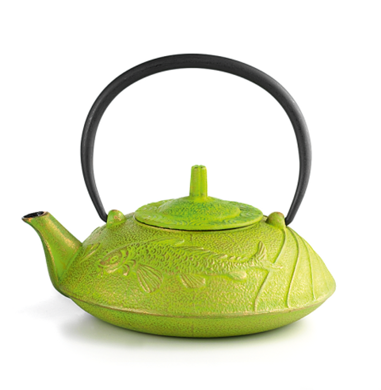 Iron Teapot "Prosperity Koi", green 3 cups / 23.67 fl. oz. with Stainless steel strainer  Made of high quality materials and crafted by artisans in traditional ways for centuries with beautiful textured patterns and enameled inside. Cast Iron teapots are to be used just as you would a porcelain teapot by boiling water and pouring into your cast iron teapot.  Although these are made of cast iron, they are not a tea kettle which is made to withstand the high heat of the stove top.    green with relief of "Prosperity Koi", enameled inside, stainless stell strainer  To clean, rinse with warm water and hand dry.  Not dishwasher safe.  Not for stove top or microwave use.