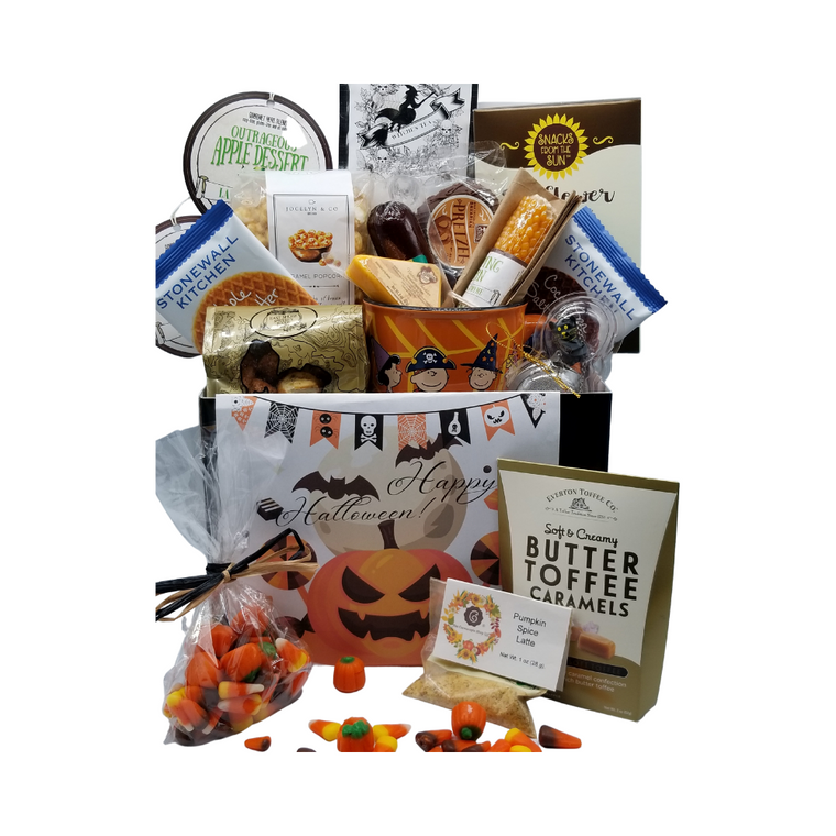 Halloween Mug Tea Gift Box - Peanut kids trick or treat:  This gift comes with seasonal Halloween mug, 1 oz. 12 cups of Cornucopia’s Black Witch Tea limited edition with seasonal Halloween Label. A fun way to enjoy a traditional Black Ceylon Tea with blood orange peel and safflower, and a Halloween Black Cat Tea ball filter, and traditional bag of Candy Corn in reusable black gift box. 
Gift Set Includes:
•	12 oz Mug Peanuts kids trick or treat,
•	1 oz 12 cups, Loose-Leaf Cornucopia Witch's Brew Tea (Loose Leaf) H8T22538 
o	Cornucopia's Black Witch's Brew, a mild China-Ceylon black tea blend, will remind you just how Witch-fully delightful it can be with light-yellow orange peel and orange-red blazing safflower.
o	Ingredients: Black tea (92 %), orange peel, natural blood orange flavoring, safflower
o	Taste: Wickedly tangy, fruity drink to take the chill out of a Halloween night. 
•	Halloween Black Cat Tea ball stainless steel Tea filter by Cha Cult (Germany) 
•	
o	1-4 oz bag Cornucopia’s Pumpkin mix Candy Corn with raffia bow
o	1 Sunflower Chips
o	1 Corncob popping corn, with popping bag,
o	1 Triangle Cheddar cheese,
o	1 Beef summer sausage,
o	1 Chocolate covered Bavarian pretzel, 
o	2 Lambs of Thyme outrageous dips,
	Apple, 
	Pumpkin,
o	2 Assorted Stonewall Kitchens waffle cookies,
	Cocoa Sea Salt,
	Maple Sugar,
o	1 Bag East Shore Pretzel seasoned sourdough pretzels,
o	1 6oz bag gourmet caramel popcorn, 
o	1 Pumpkin spice latte infused tea sugar,
o	1 Butter Toffee Caramel Chews
Gift comes in cellophane wrapped Gift Box with front fold enclosure card with your personal message on the underside.