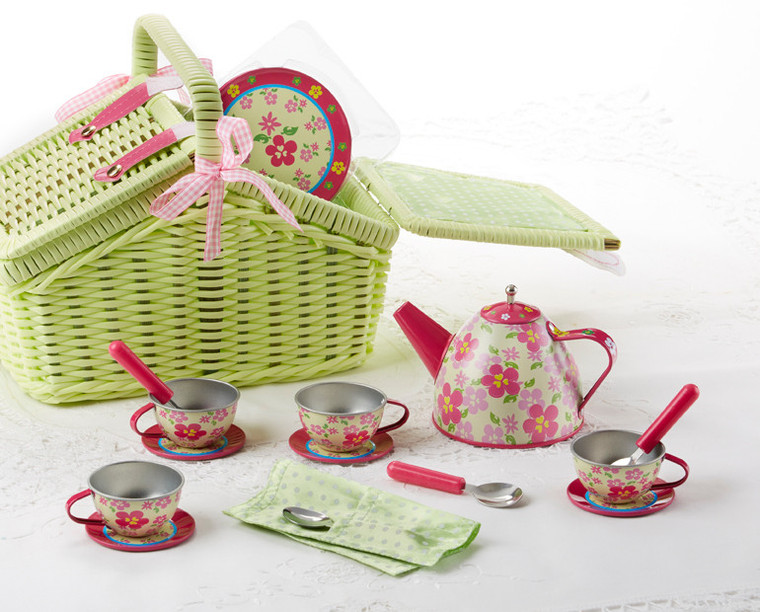 Toy Tin 18 Pc Tea Set in Basket - Sorrel: It's a tea party set for four!  Comes in the sweetest lime green picnic baskets with a full tea party service for four. Perfect activity set, to keep them busy.  •	1-Teapot, •	4-Cup and Saucer, •	4-Serving plates, •	4-Spoons in fabric pouch, •	1-Storage Picnic basket. •	Ages 3 + This set is part of the Cornucopia's Toy Tea party set and comes with additional add on: •	Perfect tea party companion doll by Apple Dumplin Dolls •	1 oz (12 tea parties or more) Children's Tea available o	There is hardly another fruit on this planet which is as popular among young and old as the strawberry. We are, therefore, presenting our decaffeinated, flavored green tea variation. Its mild and, at the same time, intense taste is due to a natural strawberry flavoring, which shines when interacting with the soft tea basis. Ingredients: decaffeinated green tea, freeze-dried strawberry pieces, natural flavoring type strawberry. •	All choices are shipped together in one box. •	Gift card enclosure