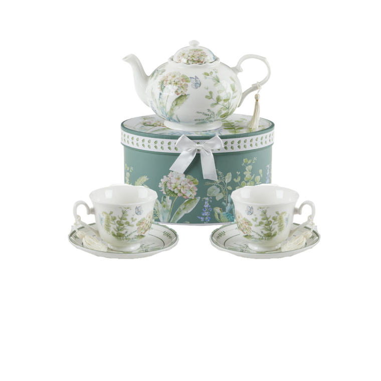 Blue Hydrangea Tea Set, will brighten anyone's day with this beautiful tea set gift in its own matching print gift box with matching satin ribbon. A decorative tassel on the handle adds a lovely finishing touch. Gifting Idea: birthday gift, bridal shower, get well, treat yourself or someone you love.   Includes:  9.5 x 5.6" teapot, Porcelain, holds 4 cups (32 oz) 2 cup/saucer Soft white background with a Blue Hydrangea and pastel floral print Dishwasher safe  Other Items Available:  Add additional sets of matching cup and saucer D8151-4  Tea choices available to add to your order in the loose-leaf shop   Teas and Teaware are shipped together, Cornucopia Teas come in resealable pouches with decorative tea labels, and includes a recipe and brewing guide. If purchasing as a gift your personal message is included on the pamphlet.