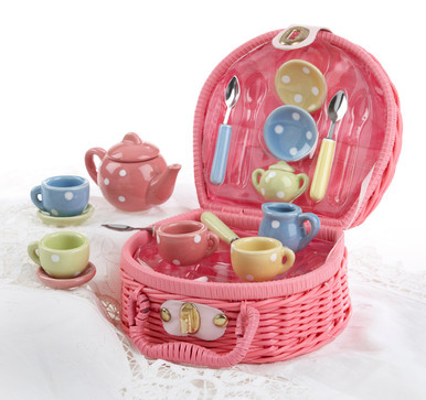 その他 Delton Products Tin 15 Pieces Tea Set in Basket Pink Bow Serveware Toy Porcelain Tea Set in Basket- Pink Blush