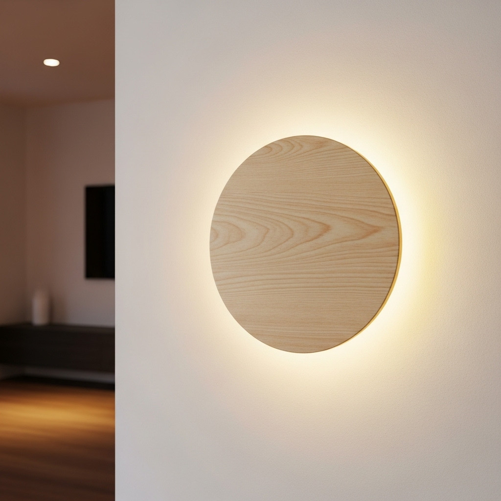 Round Backlit LED Wall Light Natural Wood Tri-CCT 1350lm 14W Dimmable ...