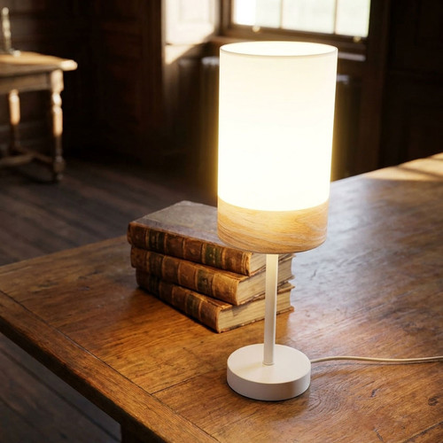 White and Timber Table Lamp Chic Cylindrical E27 460mm 72W