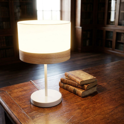 White and Timber Table Lamp Chic Drum E27 470mm 72W