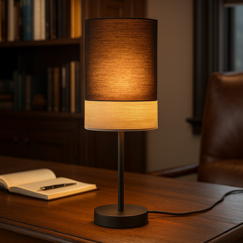 Black and Timber Table Lamp Chic Cylindrical E27 460mm 72W