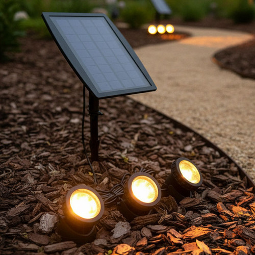 Solar Ground or Wall Spotlight Kit 3 Lights IP65 3000K Adjustable