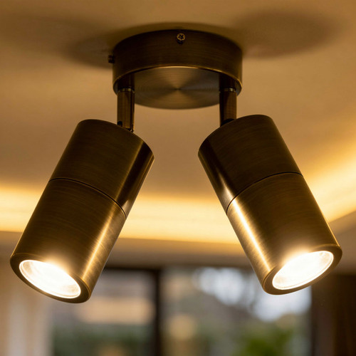 2 Light Spotlight 70W GU10 IP65 110mm Antique Brass