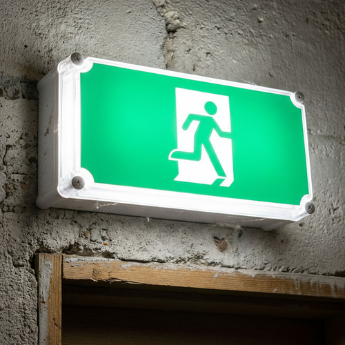 Emergency Exit Sign Industrial Strength Waterproof Vandal Proof 2W LED IP67 IK10 24m 2 Hours Green