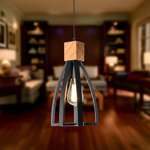 Cage Timber Pendant Light Black Iron Wood, Adjustable Cord