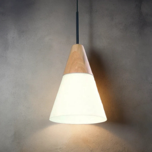 Bell Modern Pendant Timber and Glass Flex Cord Medium Cone