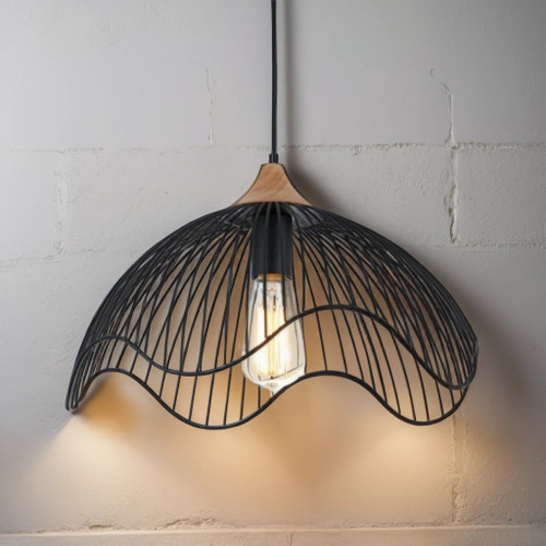Cage Black Pendant Light Small, Wood and Iron Adjustable Cord