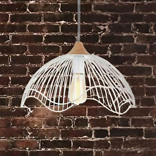 Cage White Pendant Small, Wood and Iron Adjustable Cord