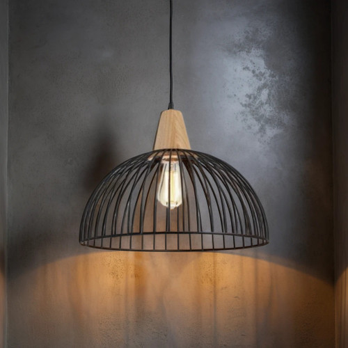 Cage Black Pendant Timber, Variable Cord, Industrial