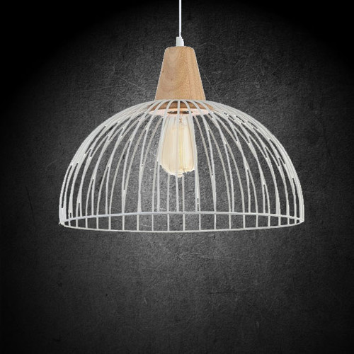 Cage White Pendant Light Timber, Variable Cord, Industrial