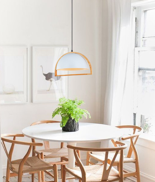 Pendant Lights | SWING series: E27 pendant light - White Iron and Wood, 37 x 20.5 cm