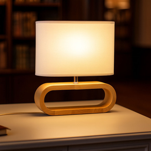 Blonde Wood and White Contemporary E27 table lamp Cloth Shade