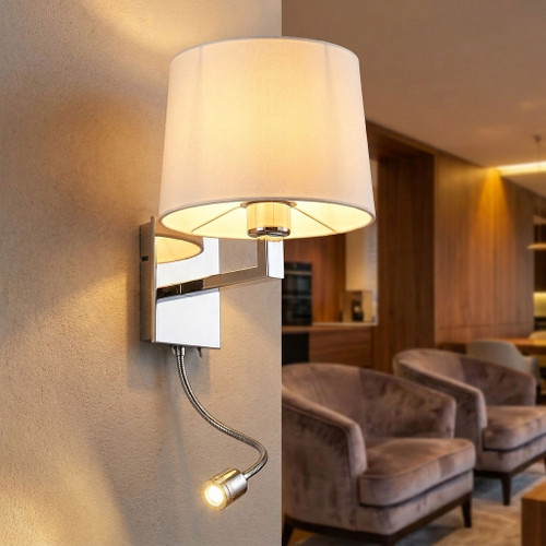 Wall Light With Flexible LED Light In White Shade And Chrome Base 60W