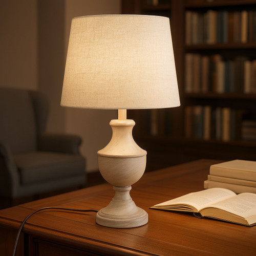Elegant Bedside/Table Lamp Base In Grey Stone Finish and Fabric Shade E27 60W