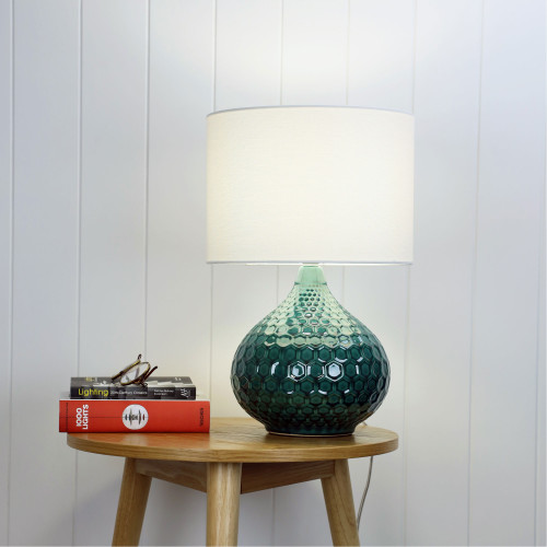 Textured Teal Ceramic Lamp Base With White Shade  E27 42W