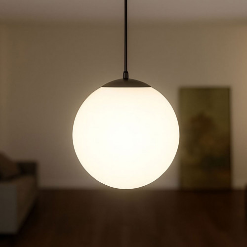 300mm Sphere Opal Glass Shade Pendant Light With Black Metalware E27 IP20 25W