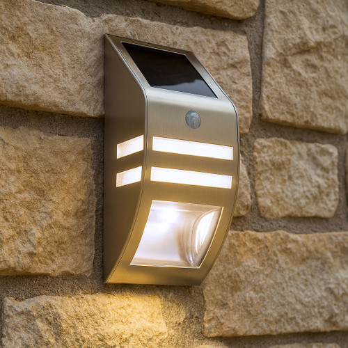Steel Solar Wall Light Cool White Stainless In Silver With Infrared Sensor