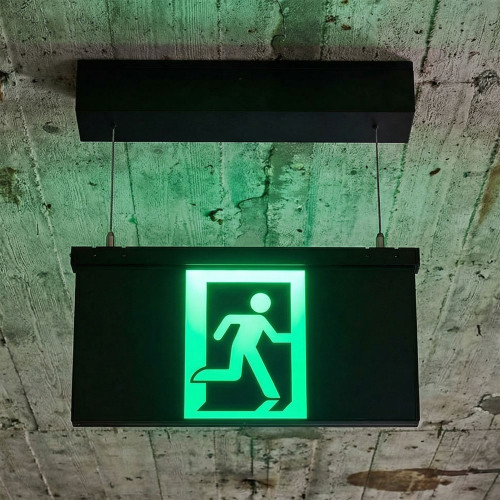 2W Emergency Exit Sign Industrial Strength LED 24m Suspended 2 Hours Black Maintained