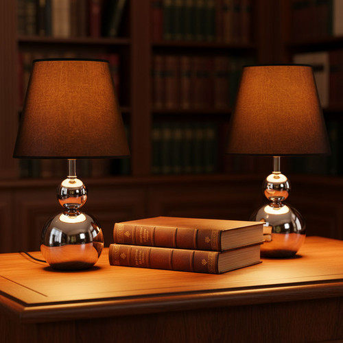 Set Of 2 Spherical Touch Bedside/Table Lamp Made With Chrome Metal Base and Black Fabric Shade E27 60W