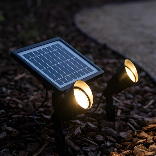 Solar Garden Spotlights Kit 2 Black Aluminium Warm White 120lm With Solar Panel