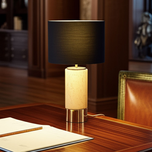 Table Lamp Travertine With Black Drum Shade B22 40W