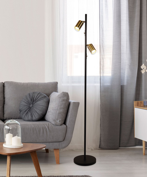 Floor Lamp Black and Brass Adjustable 2 Head 5W GU10 4000K 159cm