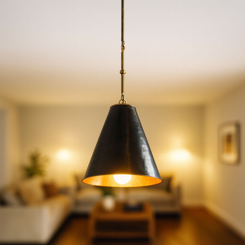 Pendant Light 31cm Black and Brass Cone E27 40W