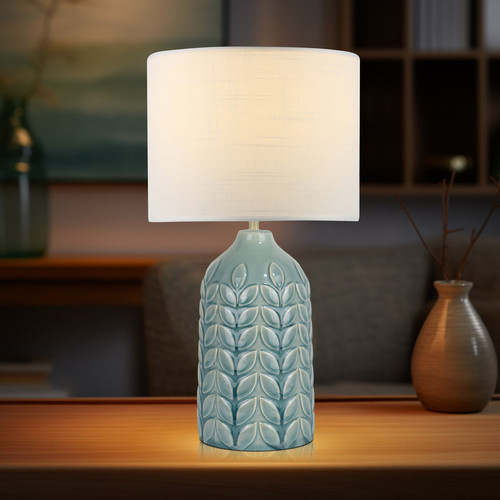 Table Lamp Blue Ceramic Base With Linen Shade E27 60W