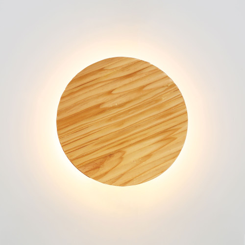 Round Backlit LED Wall Light Natural Timber 195mm Tri-CCT 14W 875lm