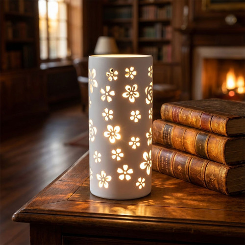 Ceramic Table Lamp White Flower Design E14 25W