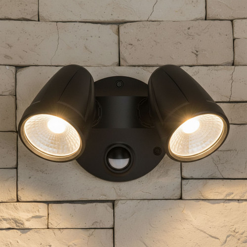 LED Spotlight Black 2 Head 32W Tri-CCT 3600lm 240V IP65 With Sensor