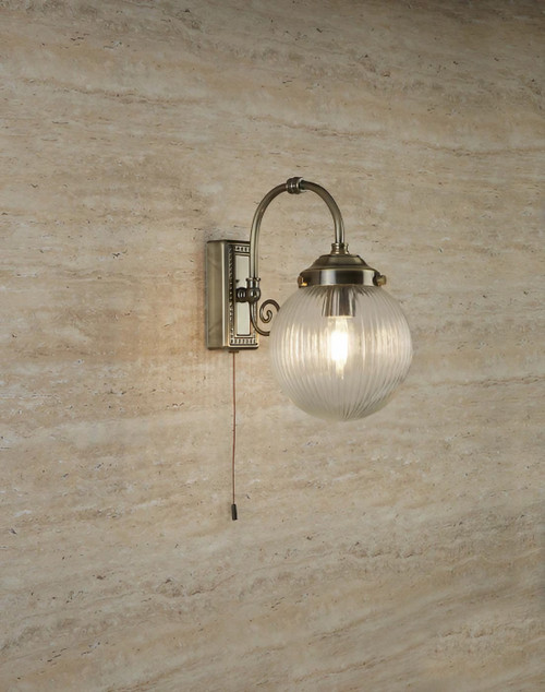 Wall Light Brass Ribbed Glass Globe E14 60W IP44