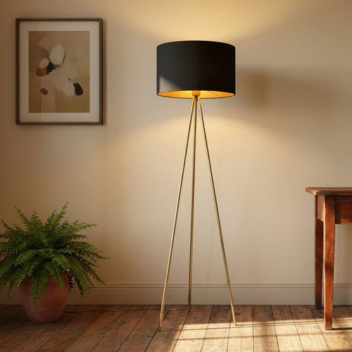 Floor Lamp Black Shade Brass Tripod E27 60W 159cm